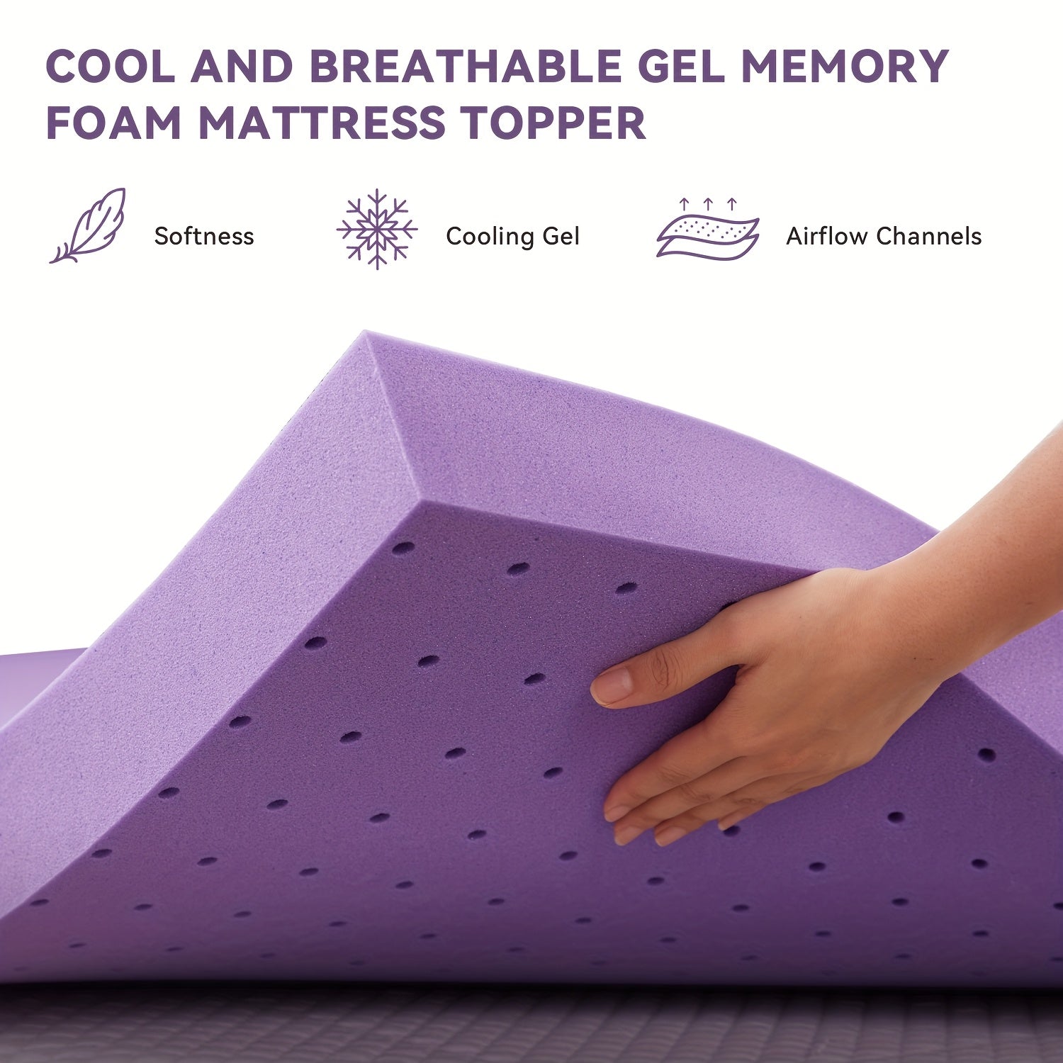 1.5 Inch/2 Inch/3Inch/4Inch Cooling Mattress Topper, College Dorm Cool Gel Memory Foam Mattress Topper, Comfortable Ventilated, Stain Resistant, Breathable Gel Premium Memory Foam, Fits All Mattresses, Different Sizes To Meet Different Needs, Purple