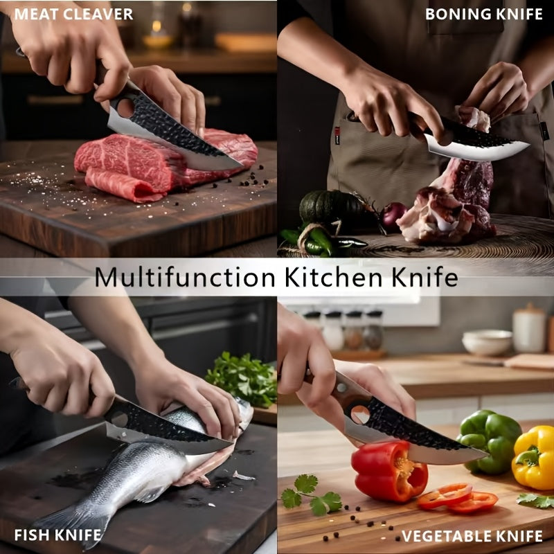 Hand-forged Chef's Knife with Hammered Pattern, Full-tang Curved Handle, Includes Leather Sheath And Gift Box; Ideal for Meat, Fish, Vegetables, Professional Outdoor Use, Stylish, Sturdy Riveted Handle