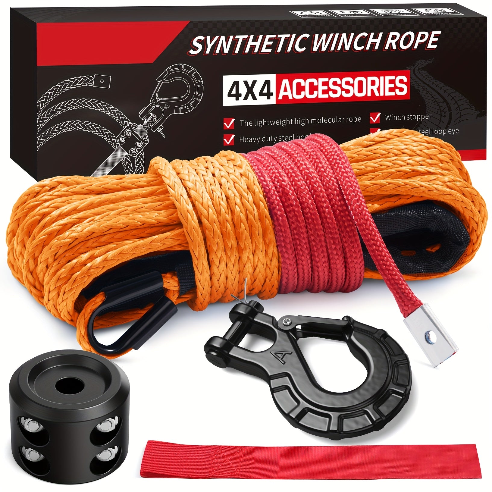 Synthetic Winch Rope Kit 1/4" x 50Ft, 9,650 Lbs Breaking Strength UHMWPE Winch Cable with Steel Hook, Protective Sleeve & Rubber Stopper for ATV, UTV & Off-Road Vehicles