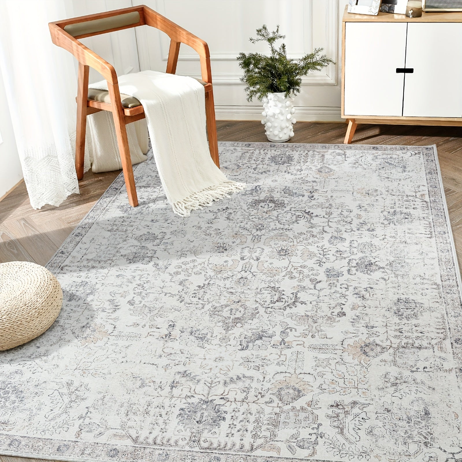 Vintage Boho Distressed Floral Area Rug – Machine Washable, Non-Slip Backing, Stain Resistant – Retro Oversized Accent Carpet for Living Room, Bedroom, Kitchen & Dining Room