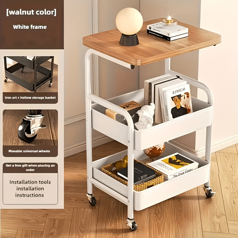1pc Three-Layer Rolling Cart with Desktop, Metal Tools, And Storage Snack Rack, Durable Carbon Steel Frame, Ideal Storage Rack, Portable Wheels, Perfect for Home Or Office Use, Rolling Storage Cart