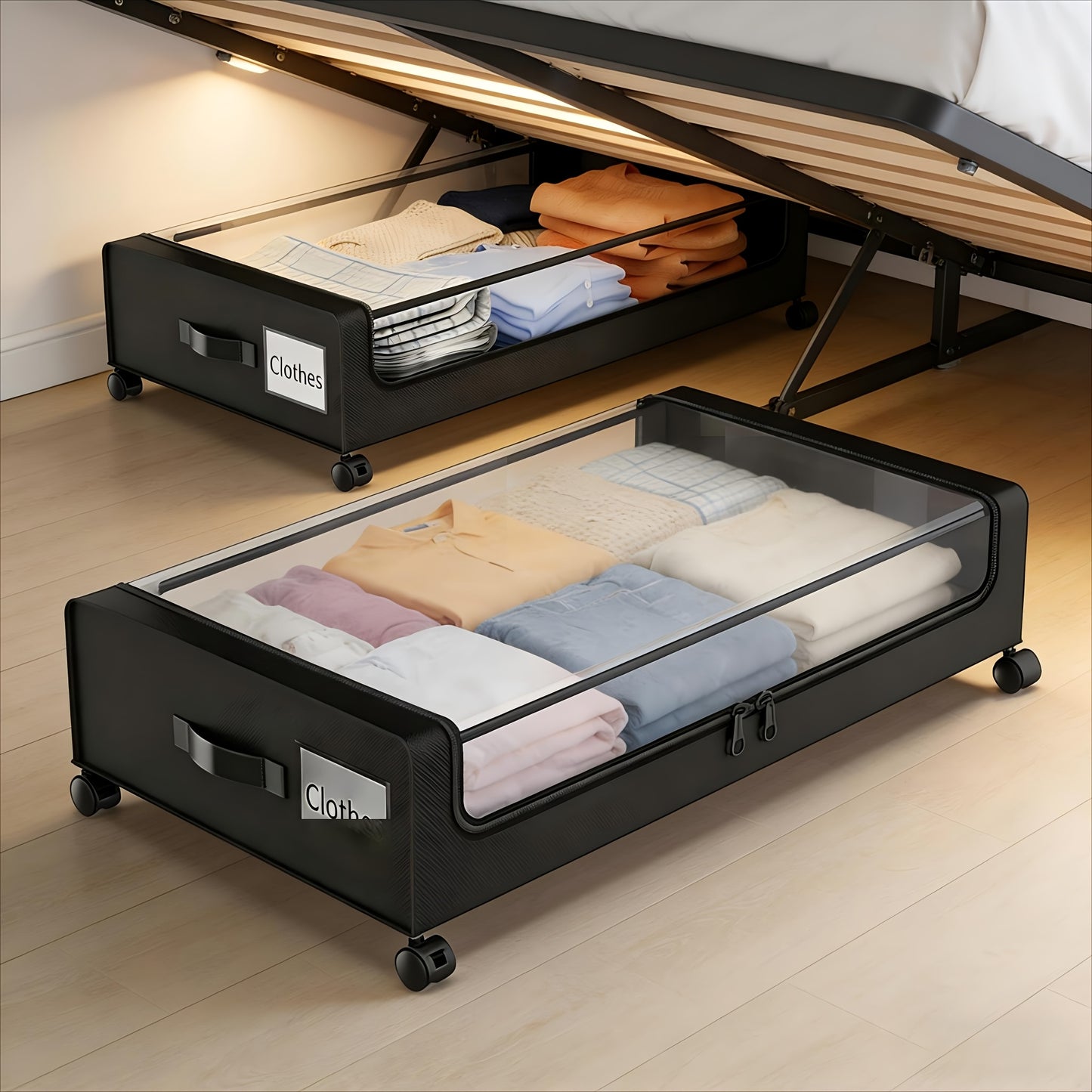 Rolling Under-Bed Storage Cabinet on Wheels with Transparent Window & Label, Metal Under-Bed Drawer Container for Clothes Shoes Organization, 1-Pack 2-Pack Gray Black