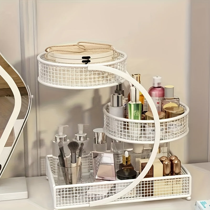 3-Tier Rotating Makeup Shelf - Portable No-Assembly Dressing Table & Bathroom Countertop Storage Rack with Rotating Shelves Suitable for Cosmetics, Skincare, Nail Polish, Lipstick, Perfume - Space-Saving Rotator for