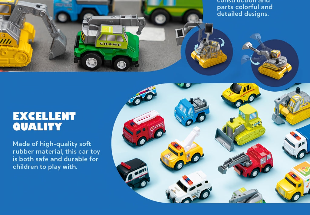 18pcs Pull Back City Cars & Trucks Set: Friction Powered Toy Vehicles For Toddlers, Educational Play For Boys & Girls, Perfect Goodie Bags Stuffers, Multi-Item Party Favor Packs For Children, Perfect Christmas Birthday Gifts For Boys And Girls