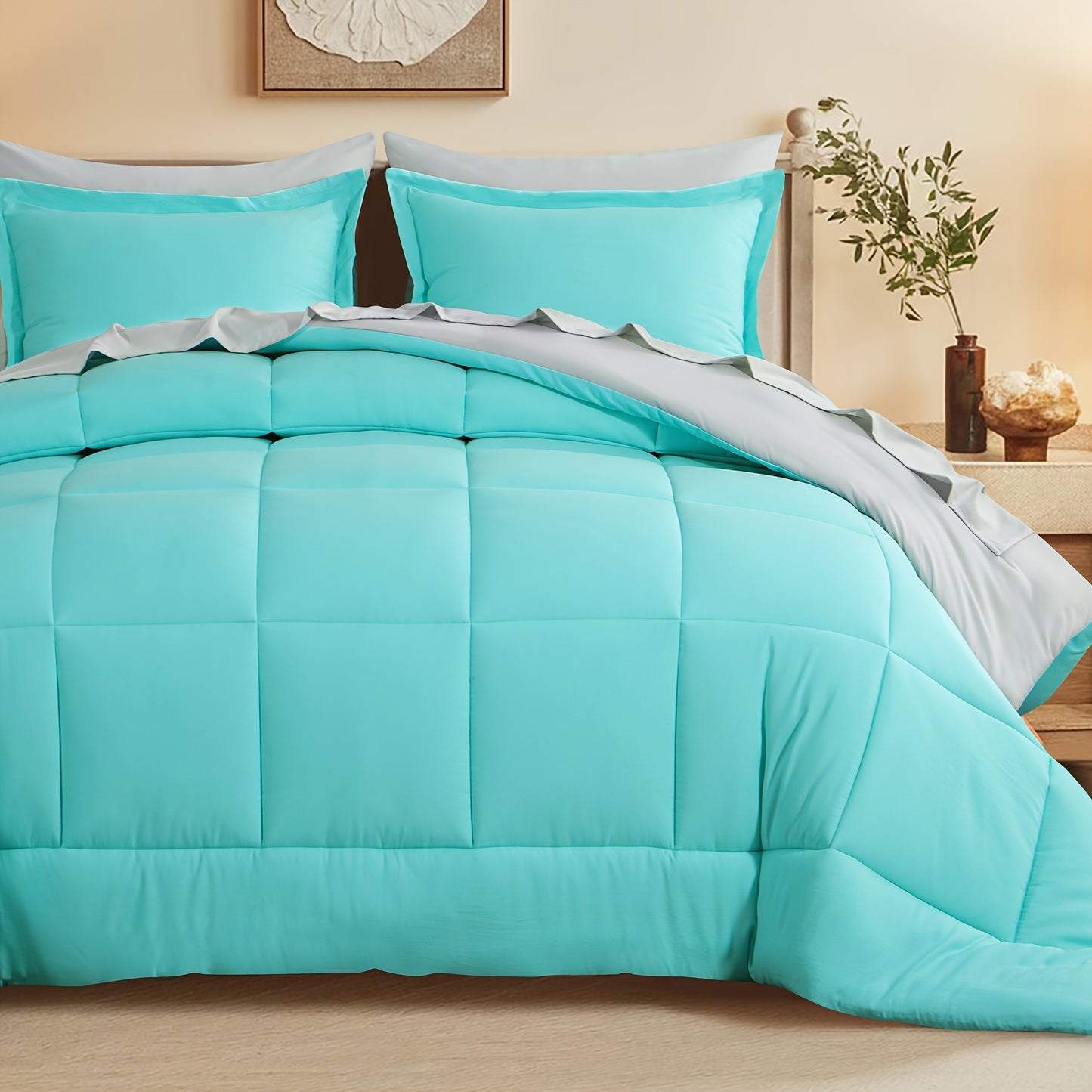7pcs Reversible Bedding Set Soft Microfiber – Lightweight Breathable Comforter Flat Sheet Fitted Sheet & Pillowcases, All-Season Family Bedding Gift Set