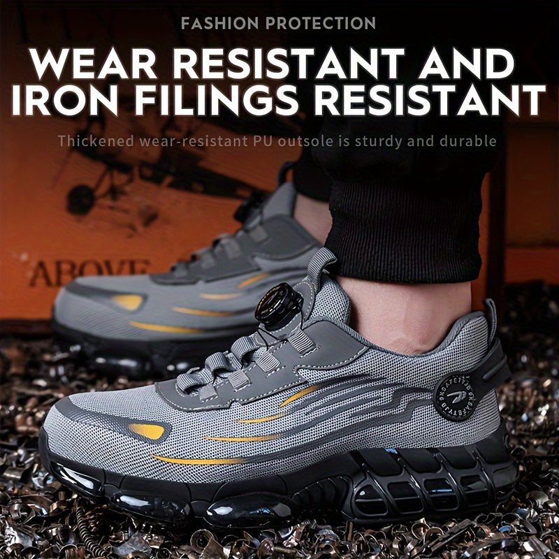 Rotating Lace Steel Toe Work Shoes Men – Puncture-Proof Breathable Non-Slip Safety Sneakers with Rotating Button, Lightweight Fashion Work Boots for Construction Site, Warehouse & Outdoor, US 7.5–12.5