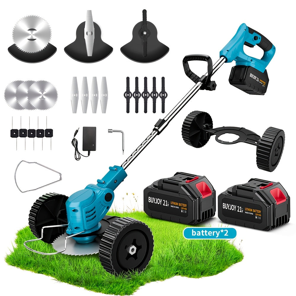 3-in-1 Cordless String Trimmer Lawn Mower & Brush Cutter with Dual Battery, Multiple Blade Types & Wheeled Design – Lightweight Electric Weed Eater for Lawn, Garden & Yard Trimming, Great Father's Day Gift