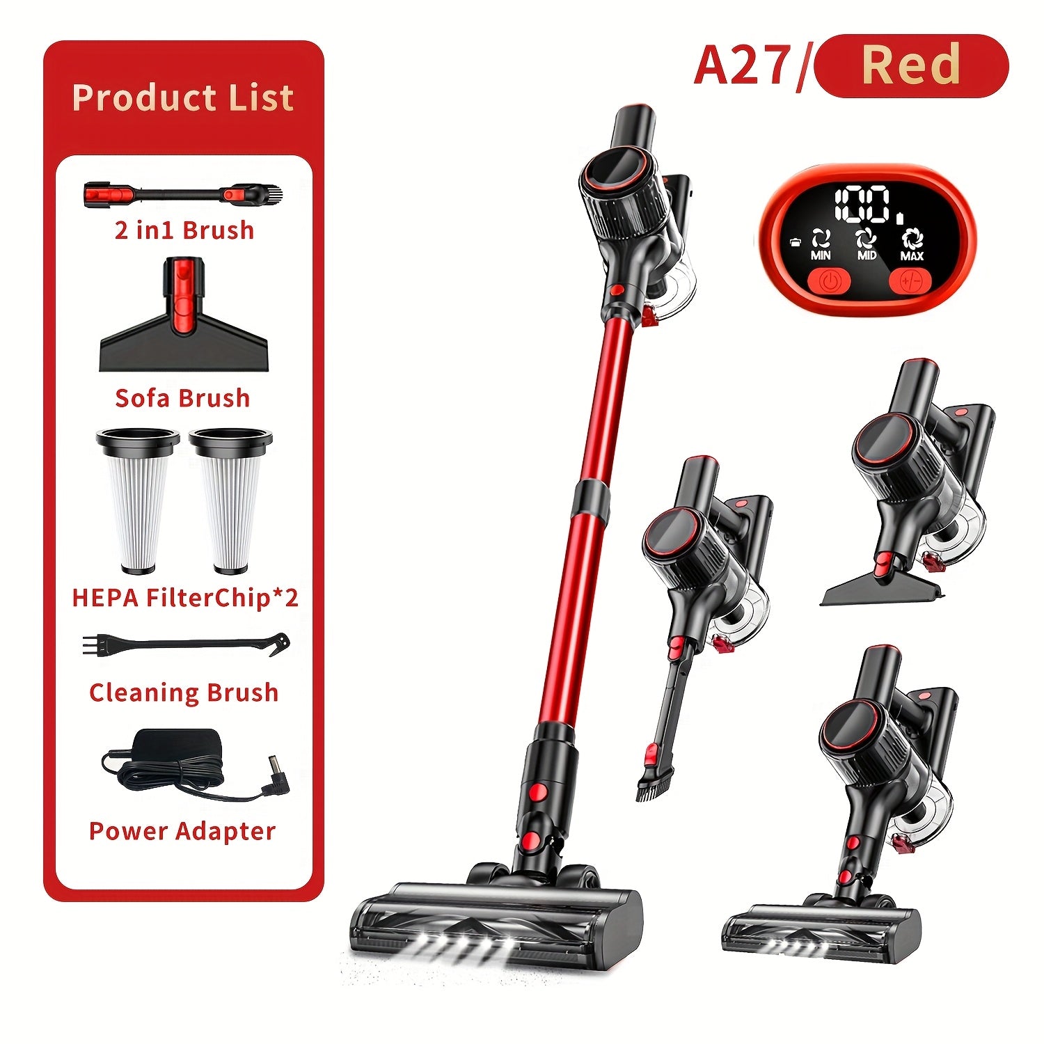 Cordless Vacuum Cleaner 8-in-1 Lightweight Stick Vacuum with LED Display – 3 Suction Modes Anti-Tangle for Hard Floor Carpet Pet Hair, Pink Wireless Home Vacuum