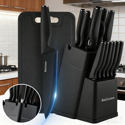 Black Knife Set with Sharpening Block Stainless Steel – Dishwasher Safe Kitchen Utensils Including Chef Knife, Utility Knife, Peeler & More – Sleek Black Design for Home Kitchen