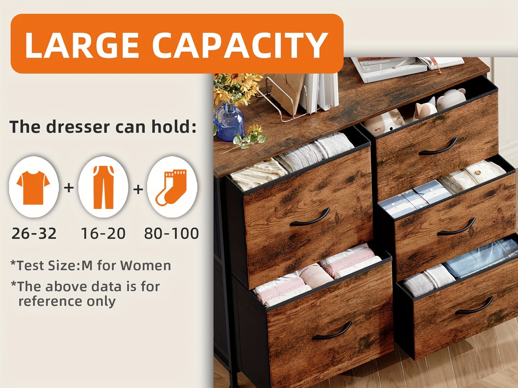 EUNOS Dresser for Bedroom with 5 Drawers, Wide Storage Chest Of Drawers with Removable Fabric Bins for Closet Bedside Living Room Laundry Entryway Hallway