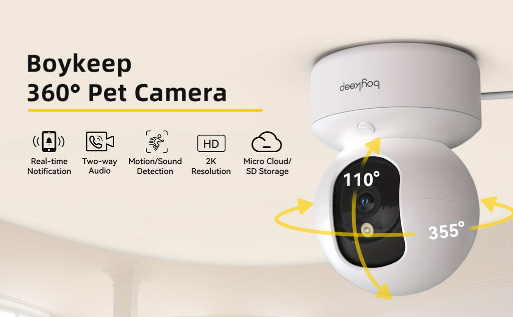2pcs,BoyKeep 5g/2.4ghz WiFi smart camera, High-definition indoor safety monitor, special safety camera for babies and pets, 360° panoramic surveillance video, night vision, two-way calls, SD card and cloud storage