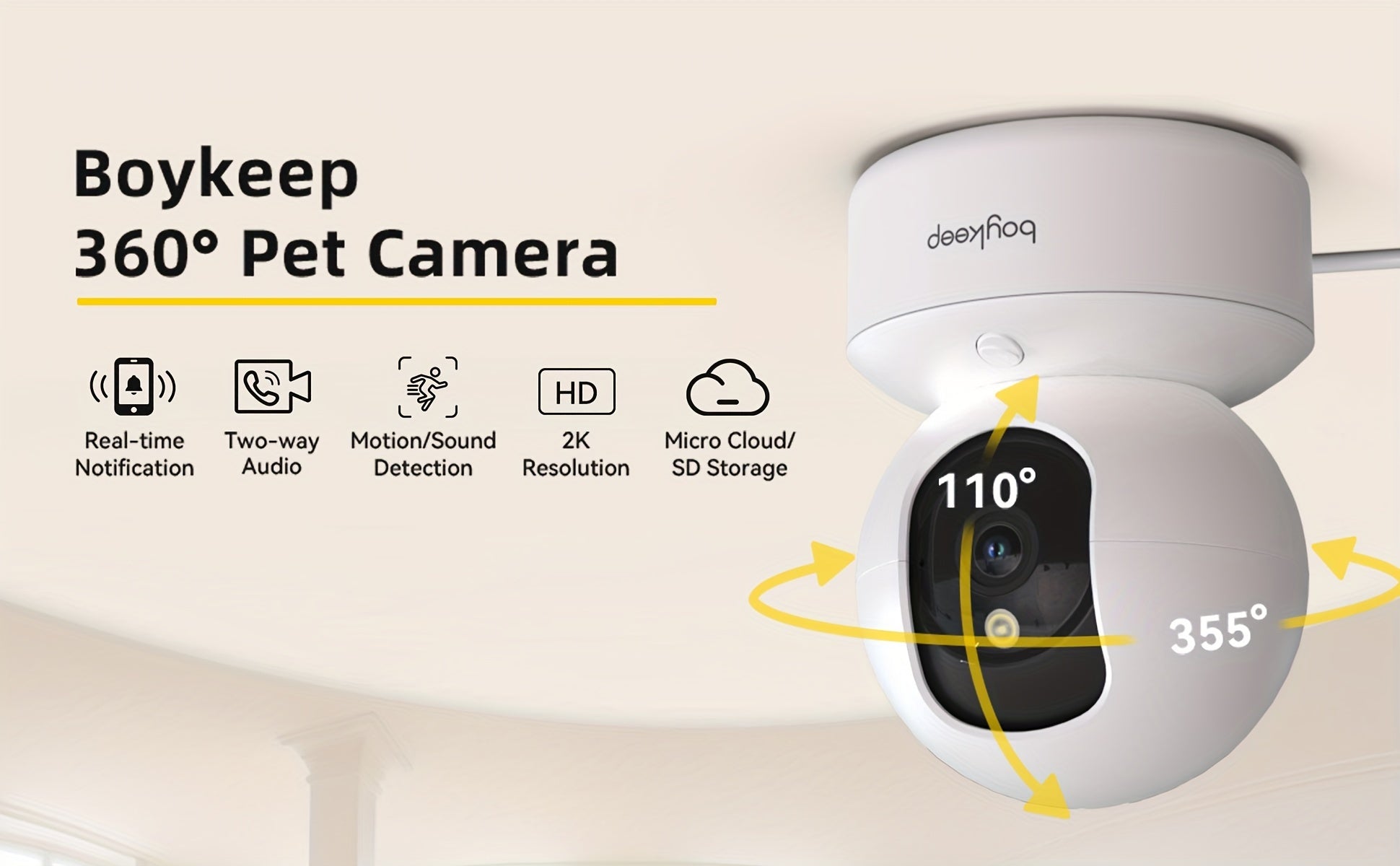 2pcs,BoyKeep 5g/2.4ghz WiFi smart camera, High-definition indoor safety monitor, special safety camera for babies and pets, 360° panoramic surveillance video, night vision, two-way calls, SD card and cloud storage