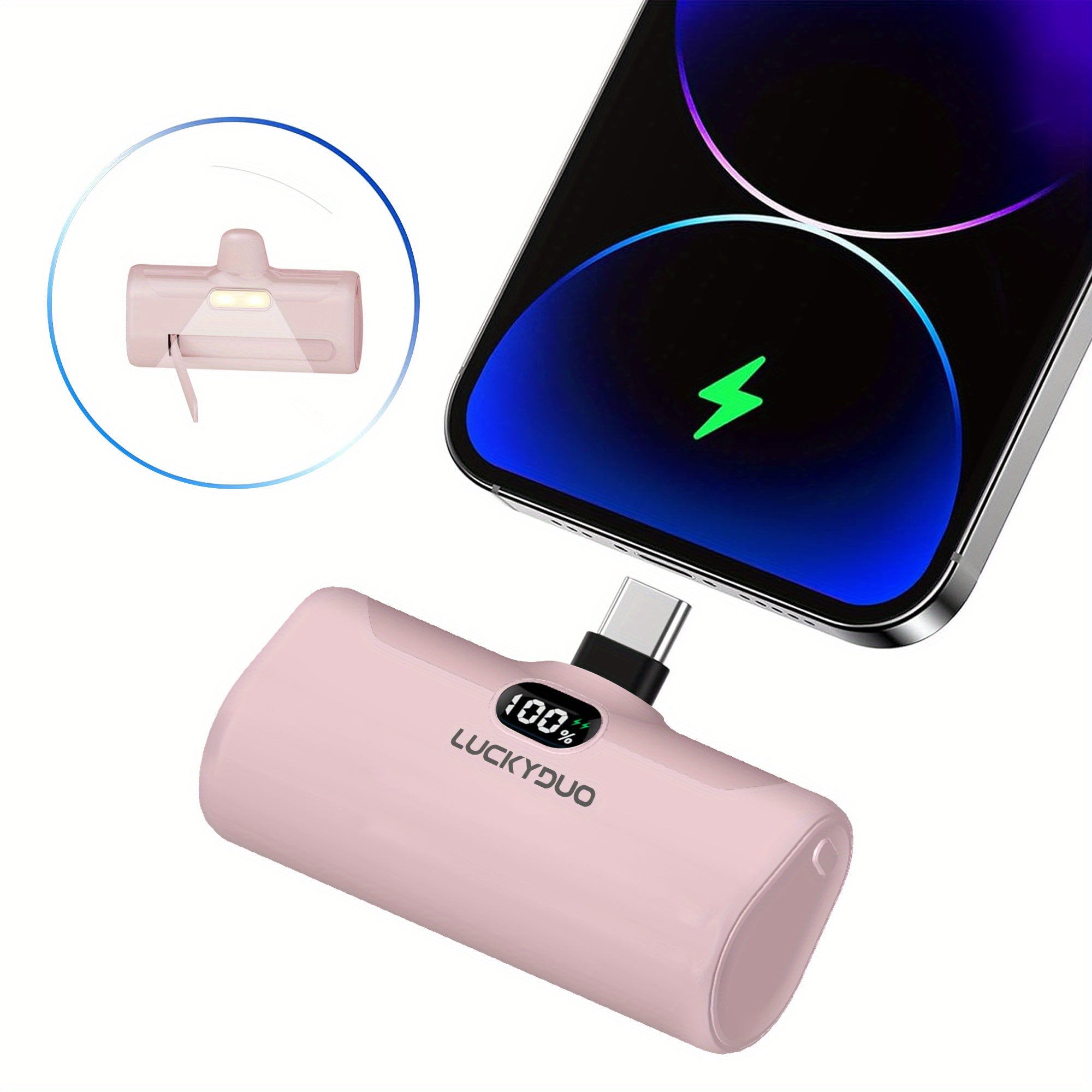USB-C Portable Charger for Travel, 5000Mah Type-C Portable Phone Charger with Fast Charging (15W), Mini Battery Pack with Stand And LED Light for Iphone 15/16/For Samsung