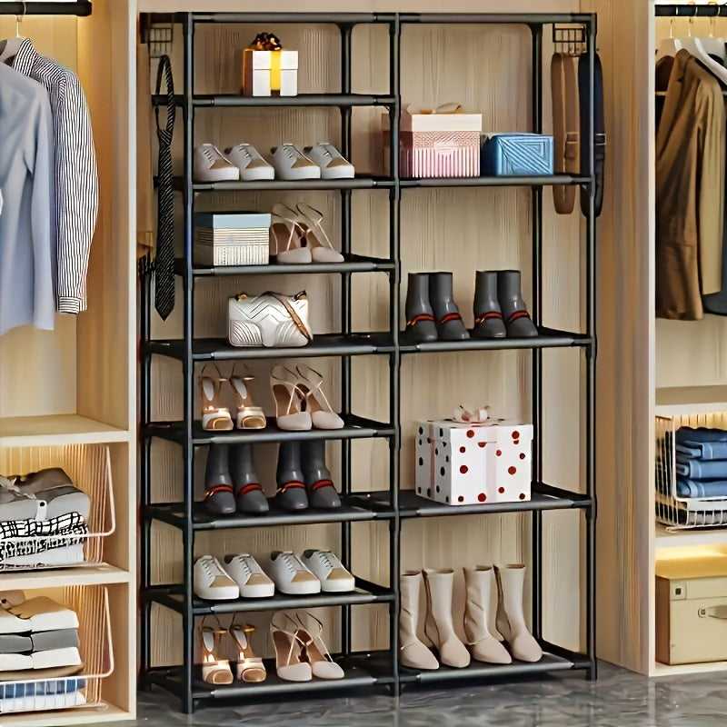 9-layer shoe rack, large capacity independent shoe rack, suitable for garages, bedrooms, and entrances, heavy-duty vertical shoe rack with two rows of multifunctional hooks, black shoe rack, can store 24-35 pairs of shoes