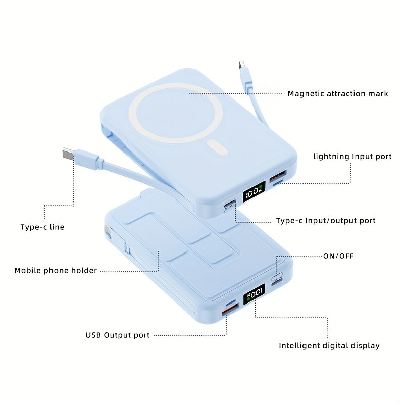 10000mAh Magnetic Fast Charging Power Bank with Digital Screen, Built-in 2 Charging Cables, USB Portable Mobile Phone Power Bank Can Charge 5 Devices At The Same Time, with Bracket, Compatible with iPhone 15/15 Plus/15 Pro/15 Pro Max/iPad