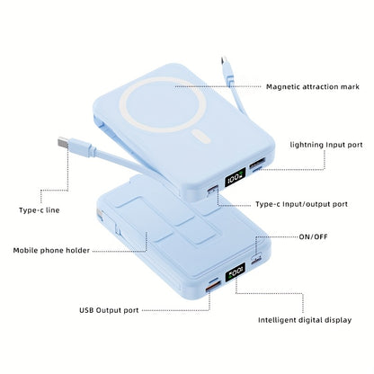 10000mAh Magnetic Power Bank with Digital Screen & Built-in Dual Cables - Charge 5 Devices Simultaneously, Portable USB Fast Charging Battery Pack with Stand, Compatible with iPhone 15 Pro Max iPad