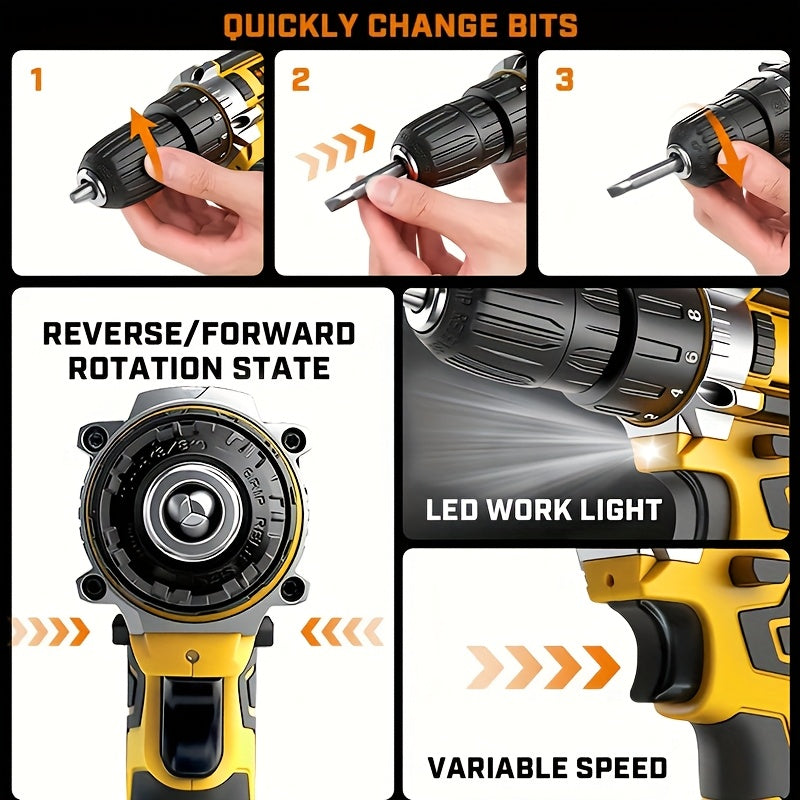 Lithium-ion Cordless Drill Set, Includes Battery and Charger, Features a 3/8-inch Keyless Chuck, Variable Speed, 16-position Settings, and 24 Drill Bits. Available in Red/yellow/blue. Ideal for Home Power Tools and Automotive Repair