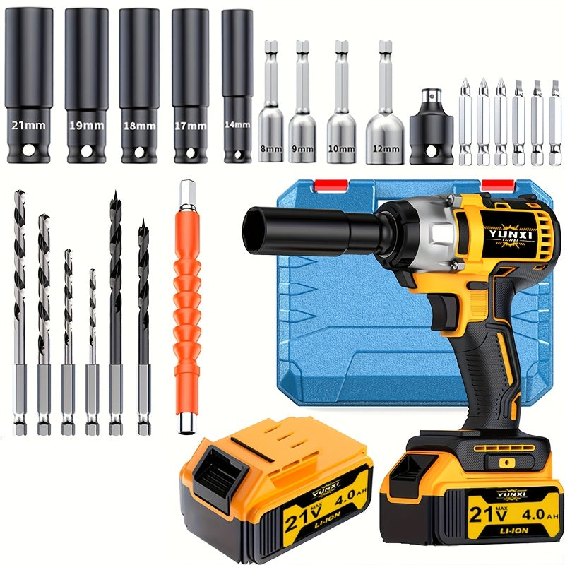 Brushless Impact Wrench Set 21V Cordless – Lithium Battery & Quick Charger Included, Up to 2 Batteries + Plastic Toolbox Bundle, High-Torque Electric Wrench for Car Tires, Auto Repair & Home DIY