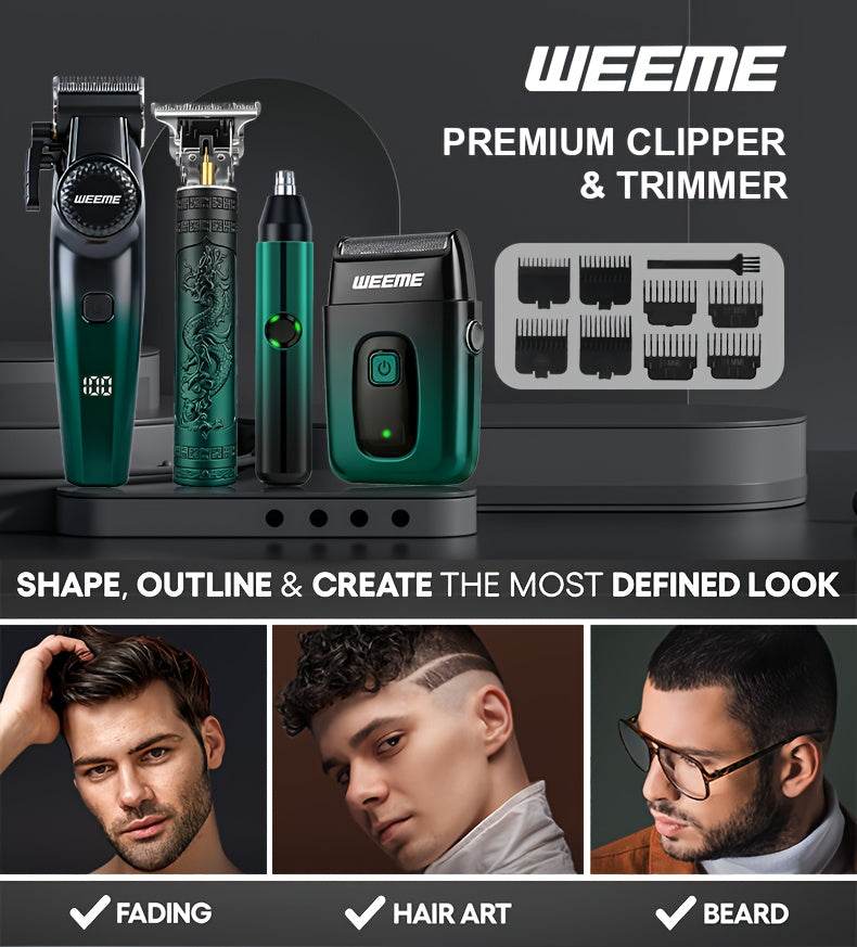 WEEME 4in 1 Hair Clippers for Men Set Professional, Cordless Men Hair Trimmer + Electric Shavers, Barber Kit for Nose, Body & Bald Head Grooming, LED Display, Precision Cutting, USB Rechargeable, Home & Barber Use