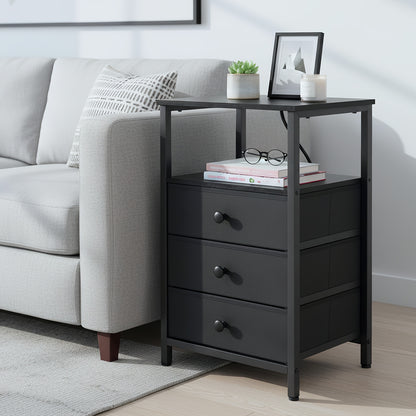 AMHANCIBLE Nightstand with Charging Station & 3 Fabric Drawers - Modern Bedside Table Set of 1 or 2, Spring Design, Bedroom & Living Room End Table Storage