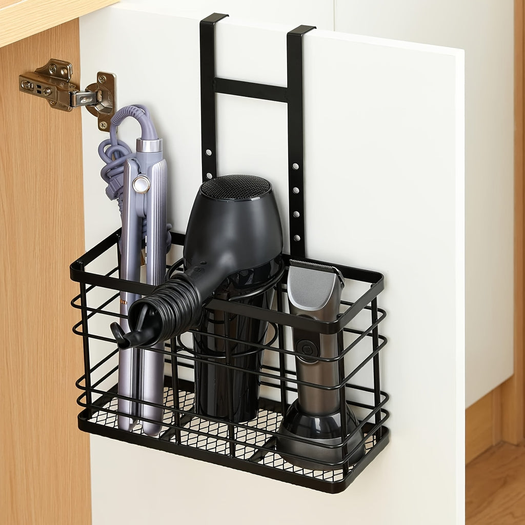 Wall-Mounted Hair Dryer Holder with Non-Adhesive Stickers - Black Plastic, Space-Saving Organizer for Bathroom, Includes Clamp for Secure Installation, Features a Easy-Access Slot for Styling Tools, Shelves