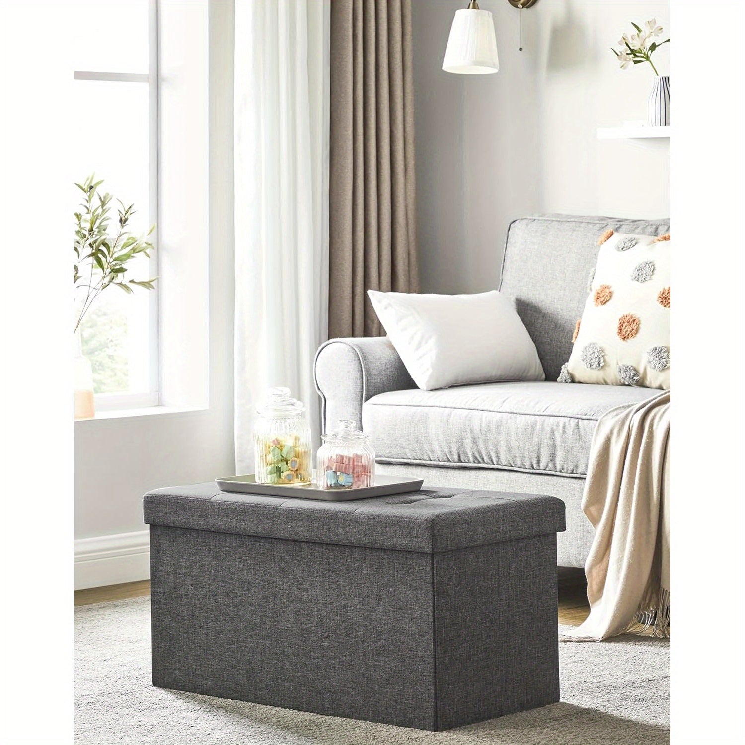 30 Inches Folding Storage Ottoman Bench, Storage Chest, Foot Rest Stool, Ash Gray