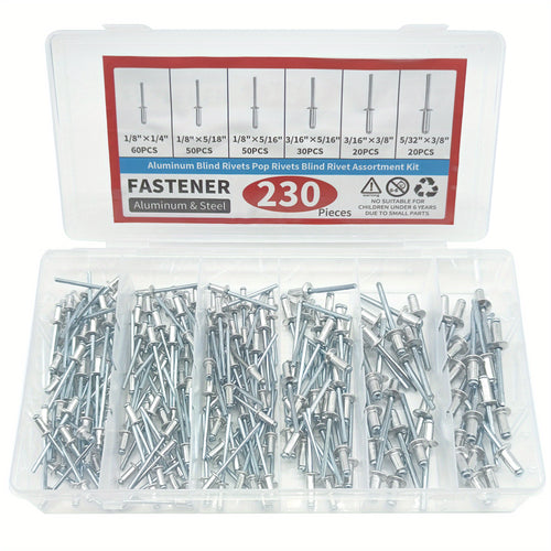 230-Piece Assorted Pop Rivet Kit, 6 SAE Sizes (1/8", 5/32", 3/16"), Blind Rivets with Reinforced Divider and Labeled Storage Case, Corrosion-Resistant for Metal Plates Pipes DIY Repairs