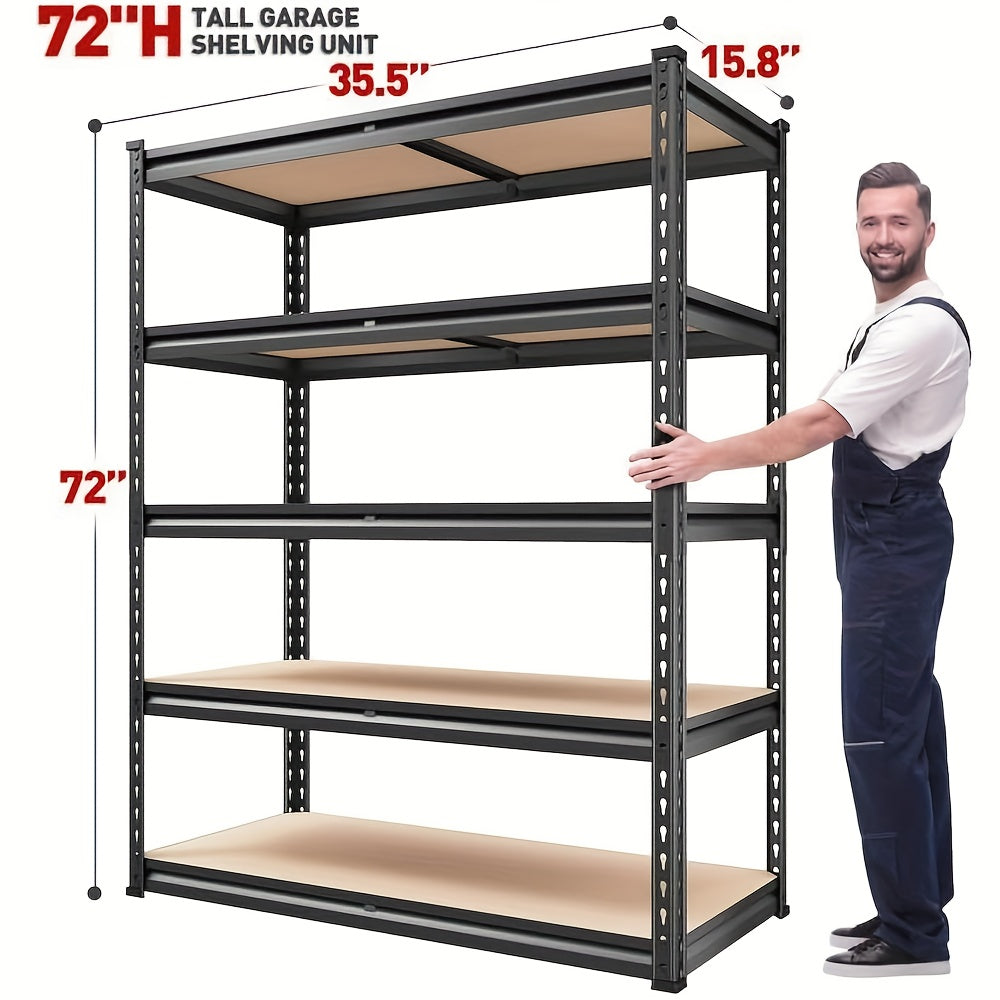 Heavy-Duty Storage Shelves with a Capacity of 2000 Pounds, Featuring Five Tiers And Dimensions of 72 Inches in Height, 35.55 Inches in Width, And 16 Inches in Depth. Ideal for Garages, Basements, Warehouses, And Pantries, Utility Shelves