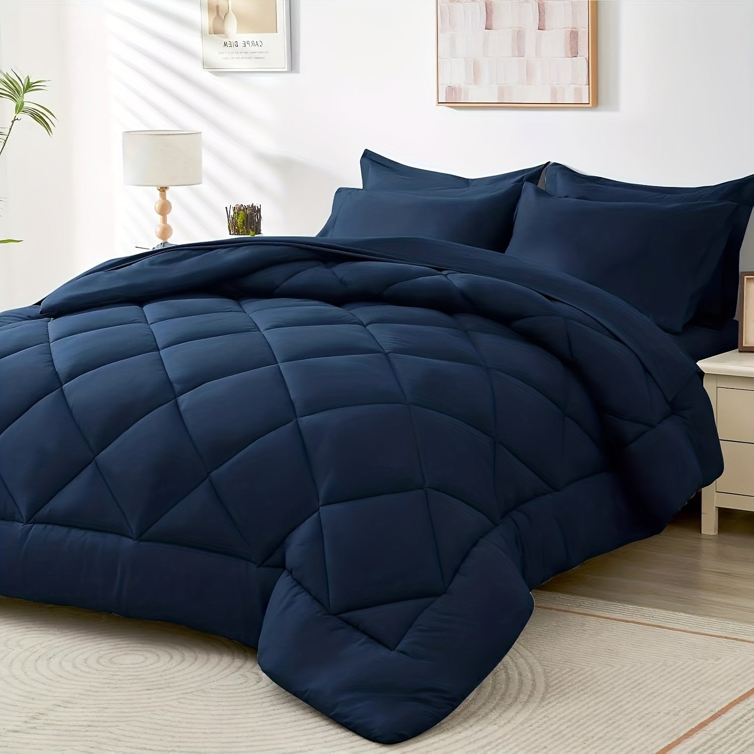 Navy Reversible Comforter Set 7pcs Queen – Fluffy Polyester Bed in a Bag, All-Season Bedding with Comforter, Fitted Sheet, Flat Sheet, Pillowcases & Shams