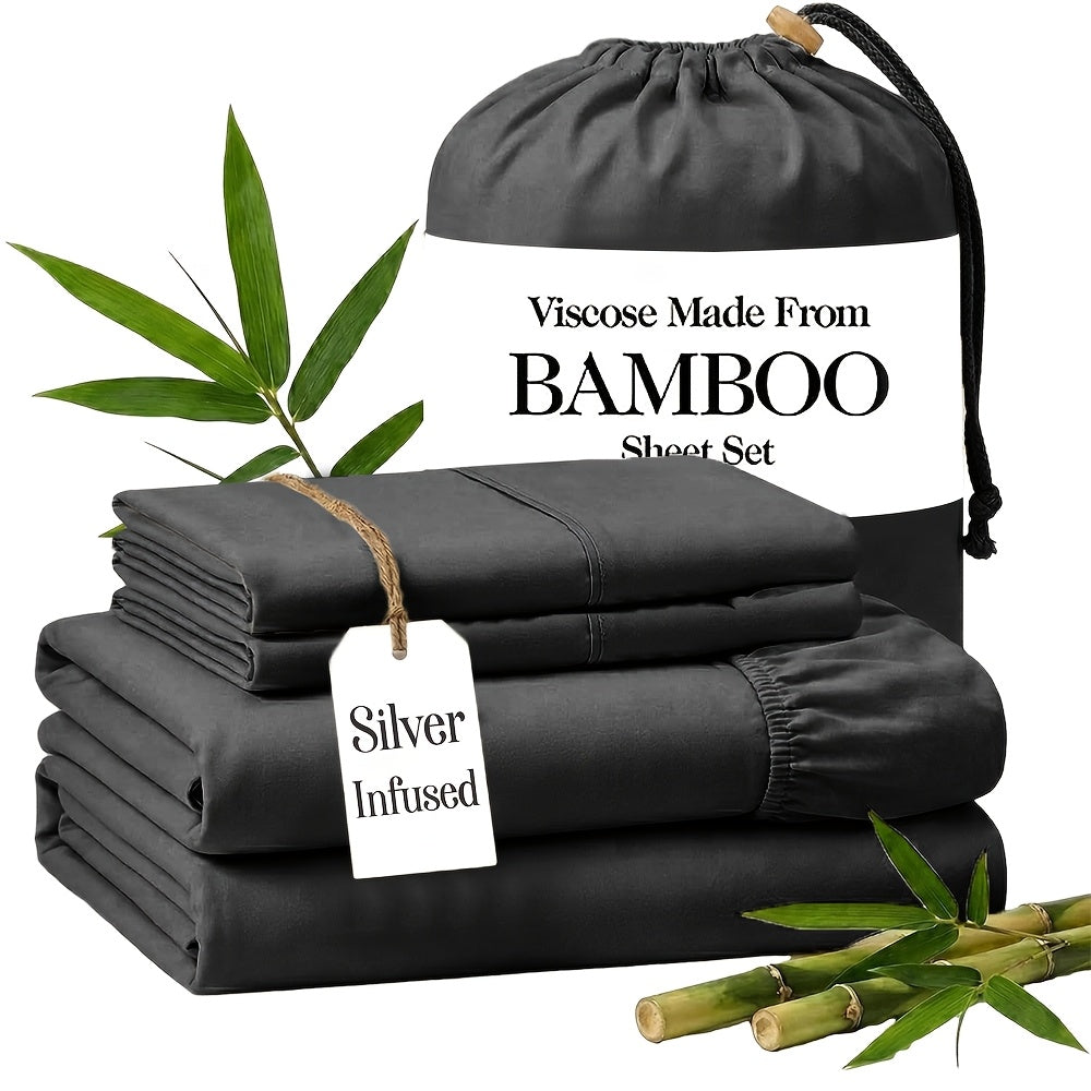 Silver Infused Bamboo Sheet Set 3/4pcs – Ultra-Soft Cooling Bed Sheets with 17" Deep Pockets, Antibacterial Wrinkle-Free Viscose Bedding for Hot Sleepers, Fitted Sheet, Flat Sheet & Pillowcases, Twin Full Queen King, 7 Colours