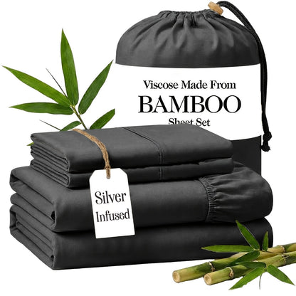 Silver Infused Bamboo Sheet Set 3/4pcs – Ultra-Soft Cooling Bed Sheets with 17" Deep Pockets, Antibacterial Wrinkle-Free Viscose Bedding for Hot Sleepers, Fitted Sheet, Flat Sheet & Pillowcases, Twin Full Queen King, 7 Colours