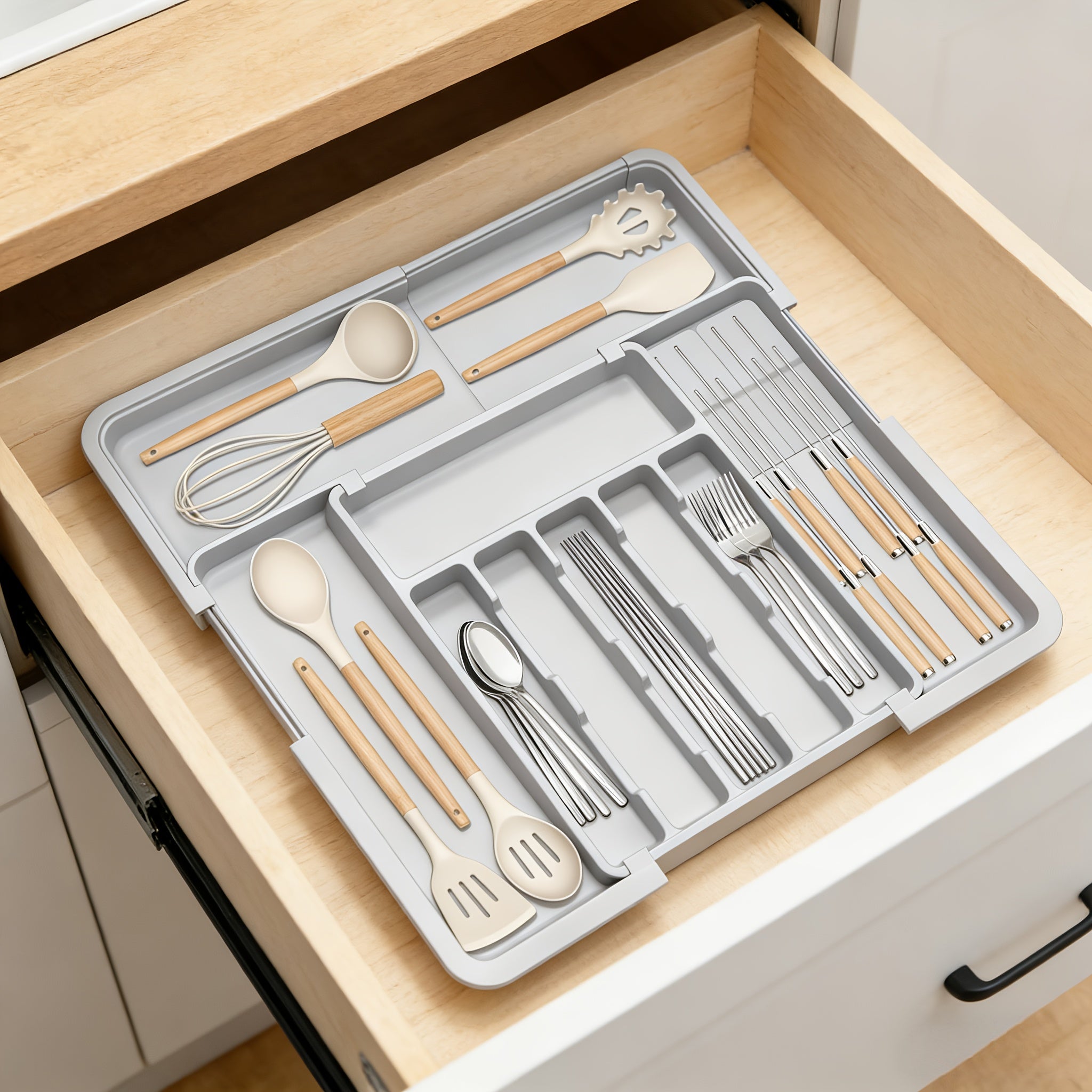 Drawer Organizer 9-Compartment Heavy-Duty Plastic – Adjustable Retractable Cutlery Storage, Knife Holder, Fork & Spoon Compartments for Kitchen Drawer – ShopVora CA