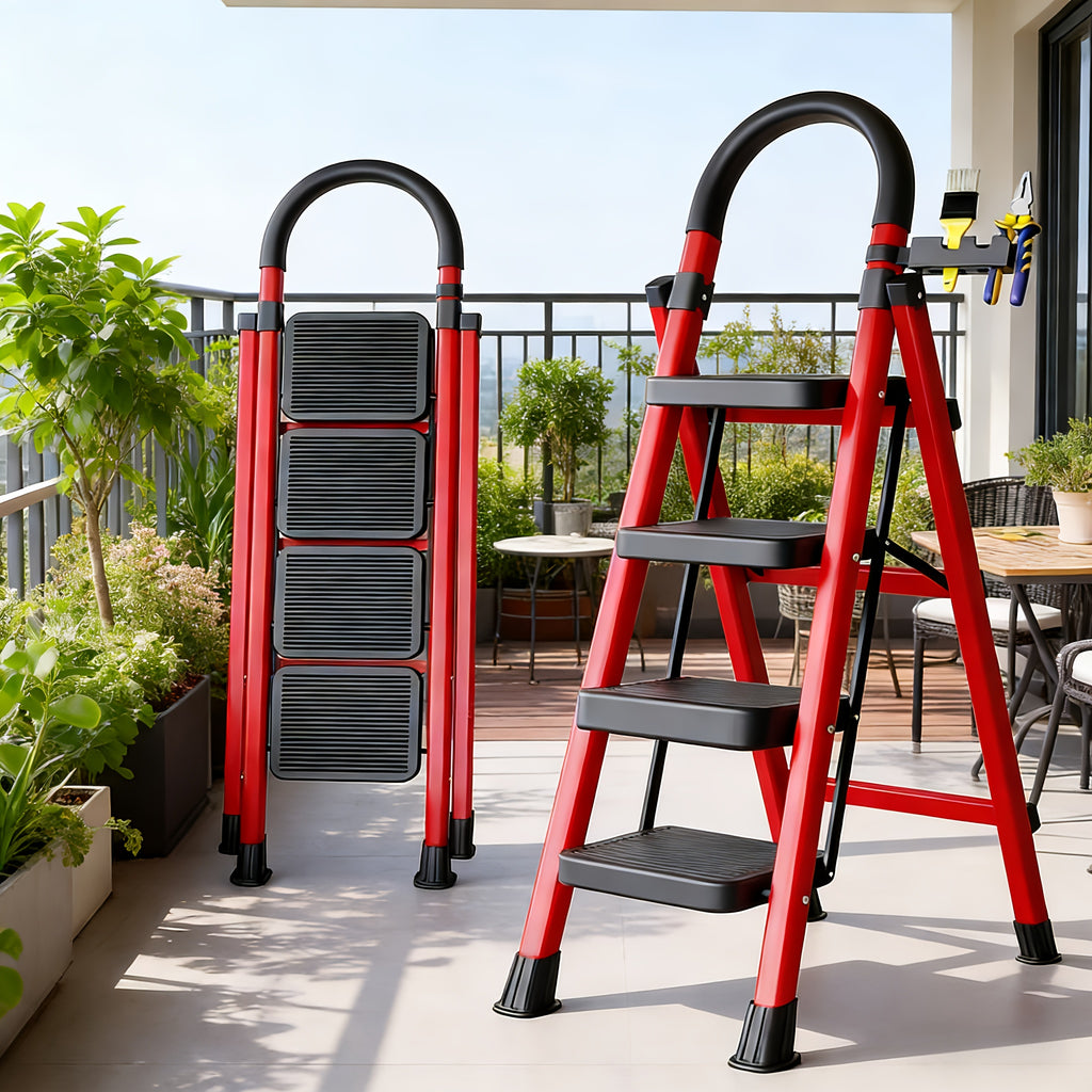 500Lbs Load-Bearing Folding 5/4/3 Step Ladder | Heavy-Duty Steel Step Stool with Anti-Slip Wide Treads, Handrails, Safety Lock Design, Black And Red Color Scheme, Portable Multi-Functional Ladder for Home And Kitchen Use-Xphyn