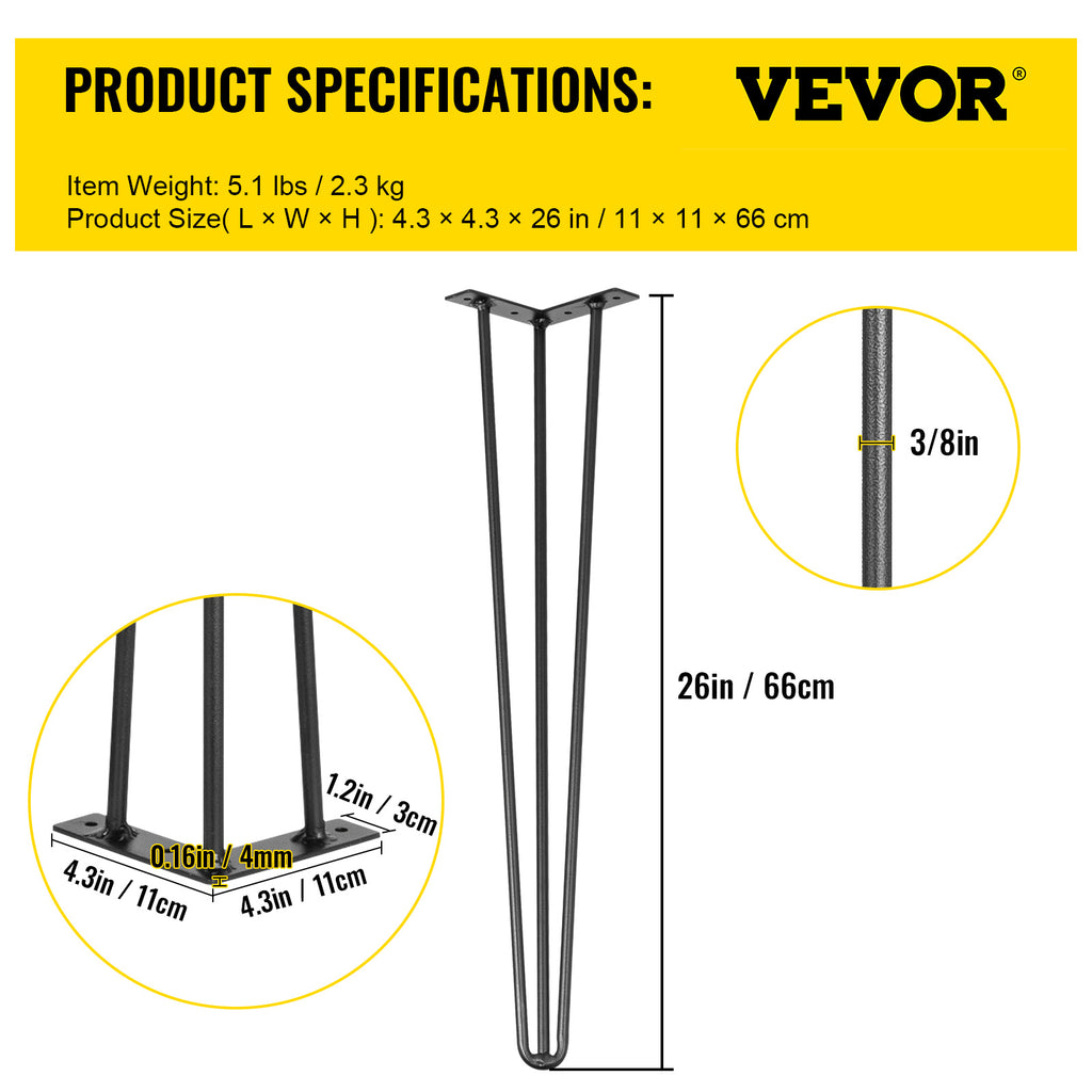VEVOR Table Legs 16-40 inch Black Set of 4 Desk Legs Each 220lbs Capacity Hairpin Desk Legs 3 Rods for Bench Desk Dining End Table Chairs Carbon Steel DIY Table Legs Heavy Duty Furniture Legs