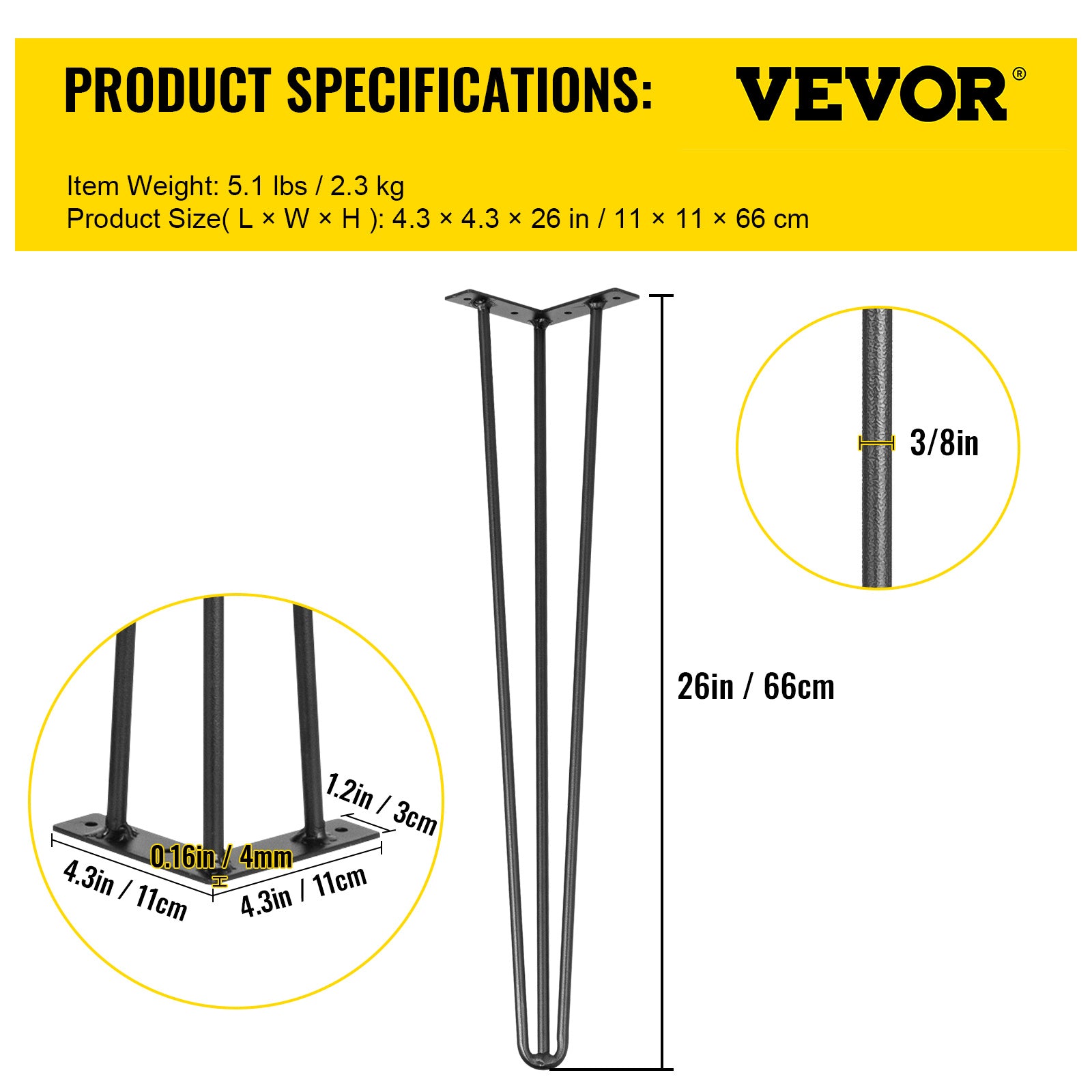 VEVOR Table Legs 16-40 inch Black Set of 4 Desk Legs Each 220lbs Capacity Hairpin Desk Legs 3 Rods for Bench Desk Dining End Table Chairs Carbon Steel DIY Table Legs Heavy Duty Furniture Legs