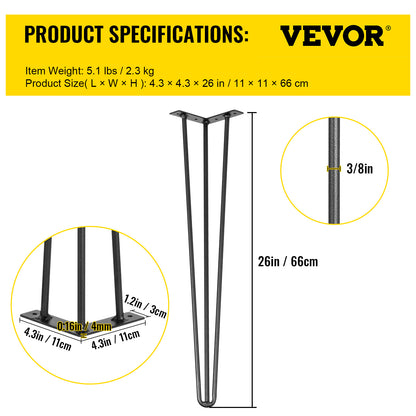 Hairpin Table Legs Set of 4 – Carbon Steel 3-Rod Design, 220 lbs Each, 16–40 Inch – Heavy Duty DIY Furniture Legs for Desk, Bench, Dining Table & Chairs – Black Powder Coat