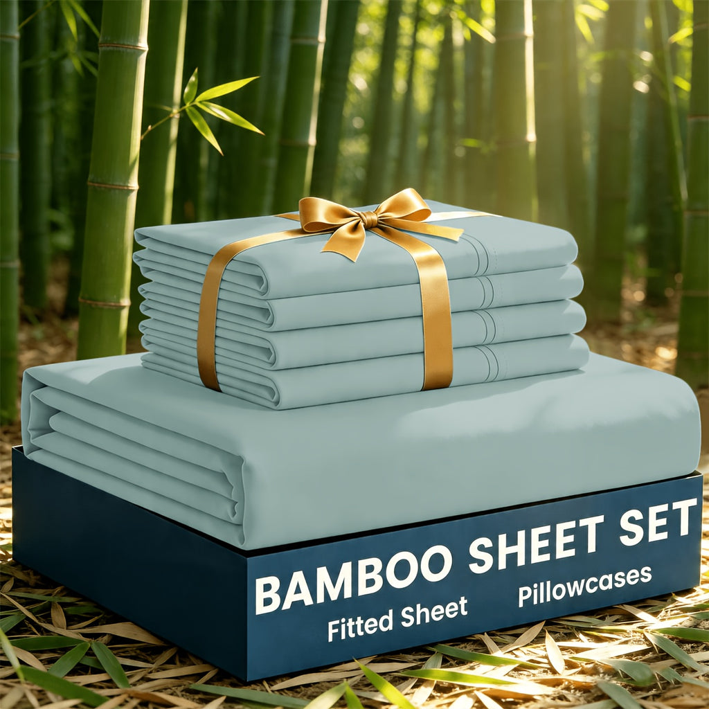 3/5pcs Bamboo Cooling Bed Sheet Set with 2/4 Pillowcases (Warm Tip: Flat Sheet Is Not Included) - Sabanas Para Cama - Breathable And Comforter for Summer And Hot Sleepers - Ultra Soft Children Sheet - Deep Pocket Up to 16"-18" - Sheets