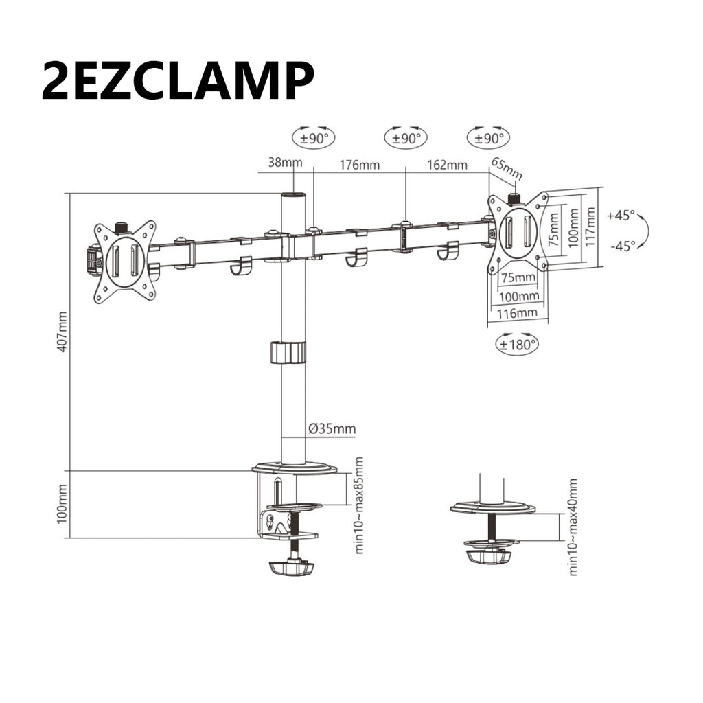 Dual Articulating Monitor Arm with Desk Clamp For 17"-32" Screens - Amer Mounts 2EZCLAMPMK