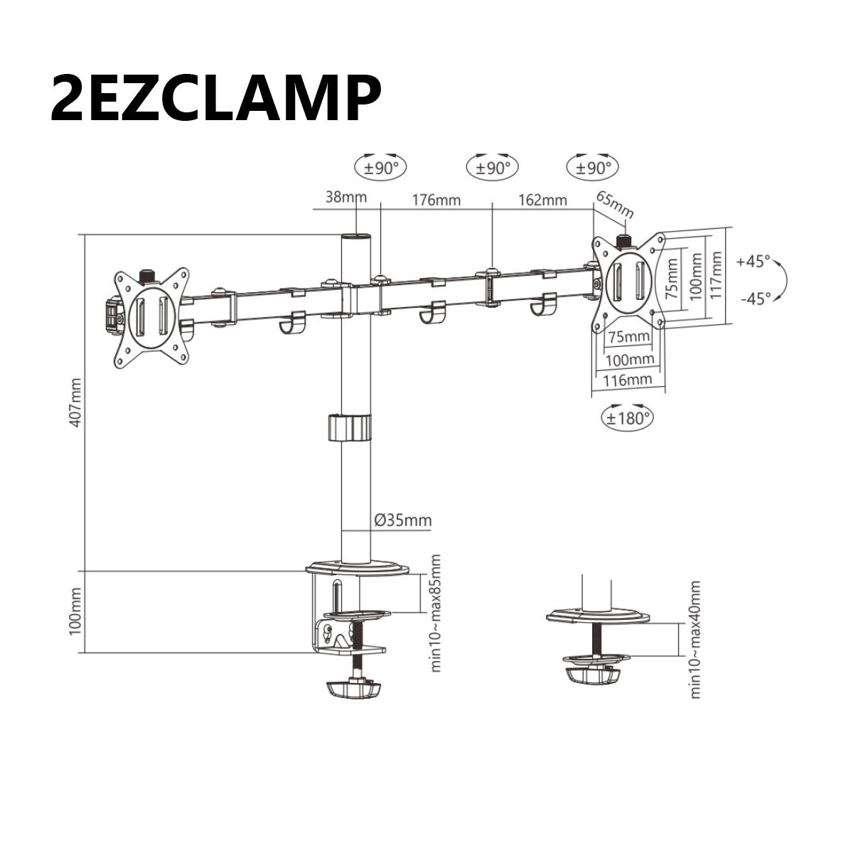 Dual Articulating Monitor Arm with Desk Clamp For 17"-32" Screens - Amer Mounts 2EZCLAMPMK
