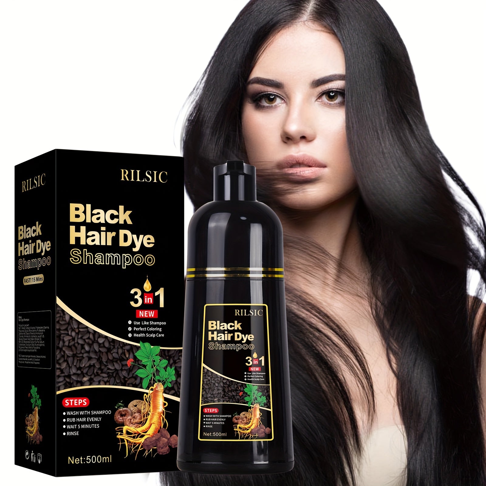RILSIC 3-in-1 Herbal Hair Dye Colour Shampoo – Instant Natural Hair Colouring in Minutes for Women & Men | 16.91oz Halloween & Everyday Gift