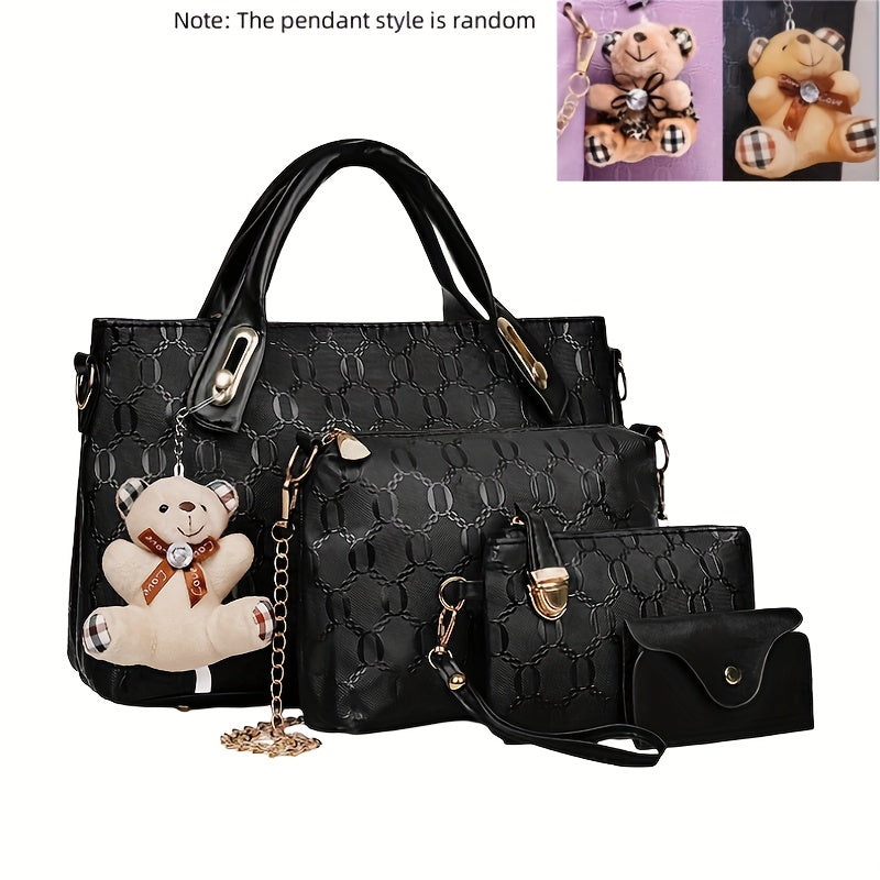 Embossed Women's 4-Piece Bag Set – Large Capacity Tote, Shoulder Crossbody Handbag with Bear Pendant | Retro Casual Style for Daily Commuting, Travel & Birthday Gifts | 9 Colours