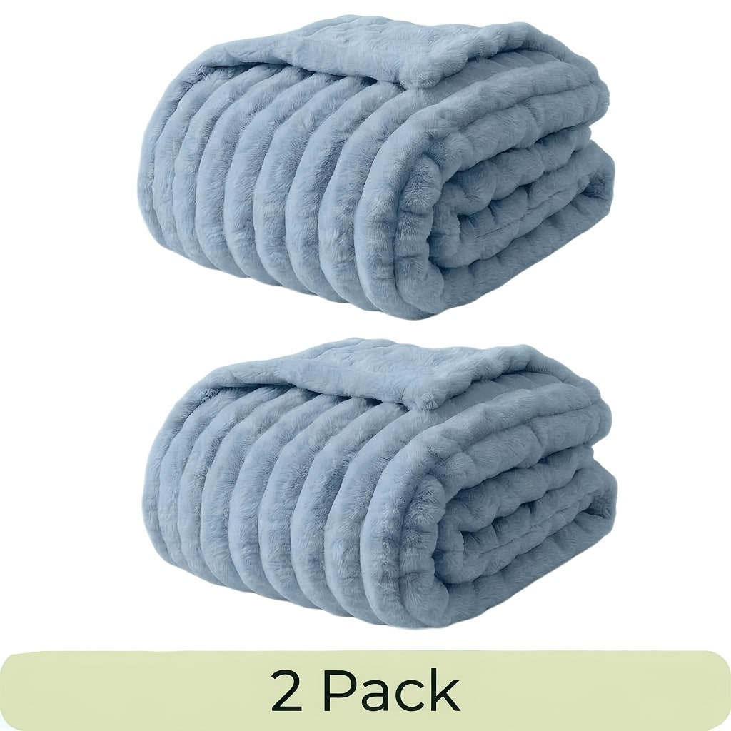 Faux Fur Rabbit Blanket Set of 2 – 260GSM Striped Luxury Plush Throw, OEKO-TEX Certified, Machine Washable, Cozy Sofa & Bed Blanket for Women & Men, Multiple Colours