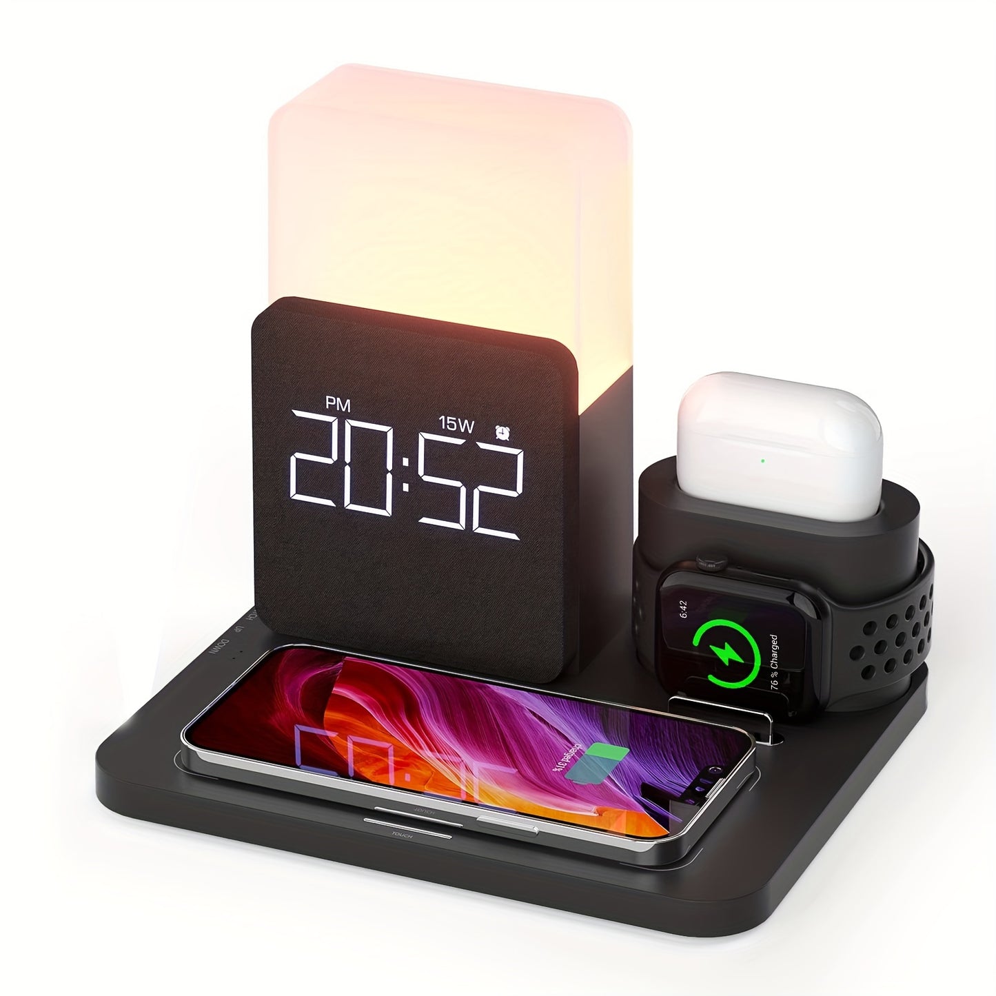 3-in-1 Wireless Charging Station with Alarm Clock for iPhone 12 13 14 15 Pro Max Mini AirPods Bedside Nightstand Charger - Canada