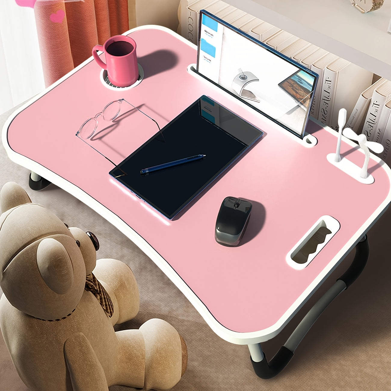 Foldable Laptop Bed Desk with USB Port – Portable Adjustable Lap Tray Table for Sofa Couch Floor, No Assembly, Study Work Eating Reading, Black Pink Walnut White