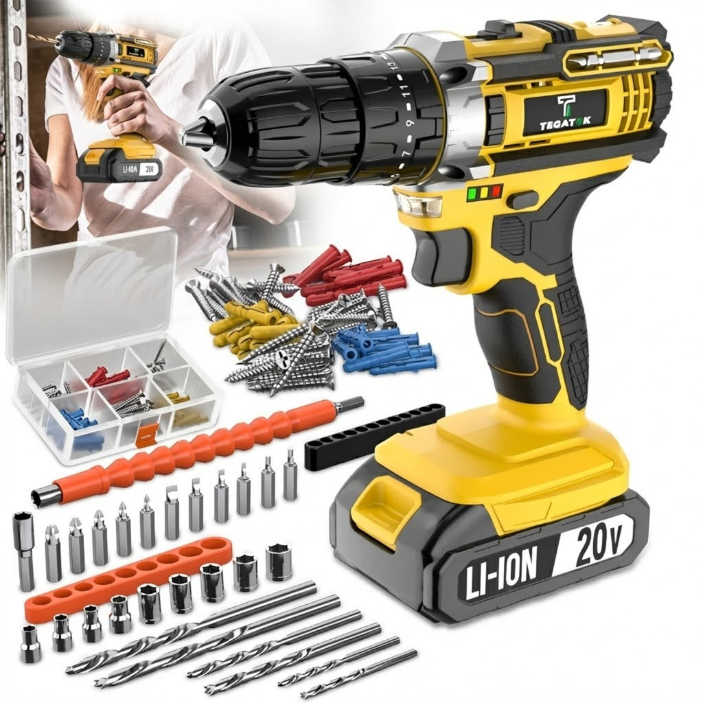 20V Industrial Electric Cordless Impact Drill, Drilling Concrete Walls, Powerful Performance, Easy to Drill Holes, Can Tighten Screws, 3/8-inch Keyless Chuck, 18+3 Torque Setting, Built-in LED Light, 35Nm Maximum Torque, 2.0Ah Battery, Perfect Gift