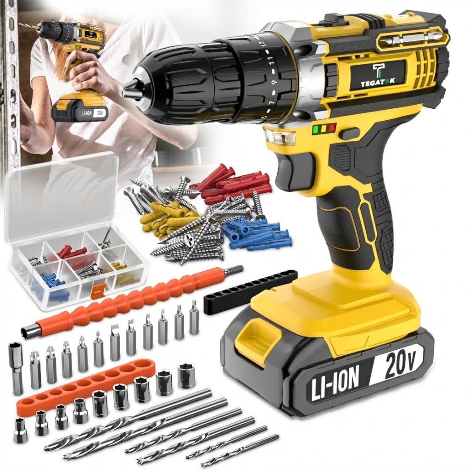 20V Industrial Electric Cordless Impact Drill, Drilling Concrete Walls, Powerful Performance, Easy to Drill Holes, Can Tighten Screws, 3/8-inch Keyless Chuck, 18+3 Torque Setting, Built-in LED Light, 35Nm Maximum Torque, 2.0Ah Battery, Perfect Gift