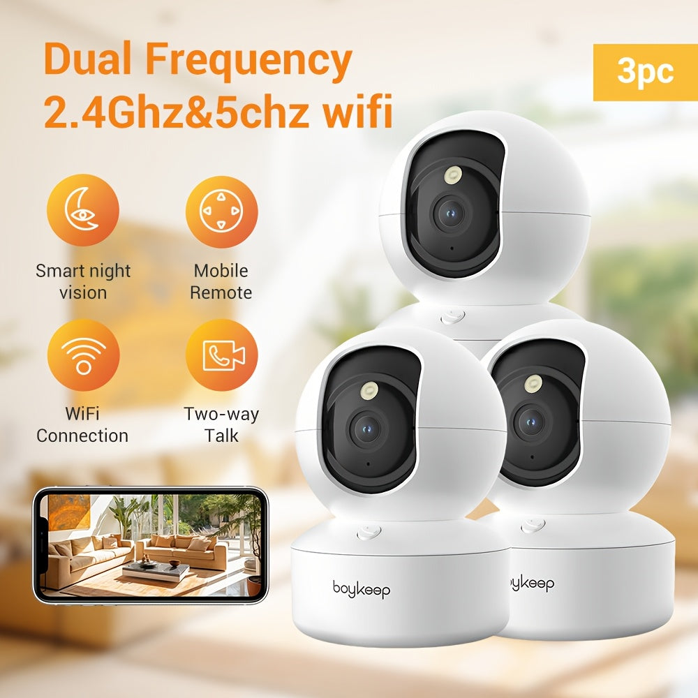 3pcs Boykeep Full HD 1296P Wireless WiFi Smart Camera With Motion Detection, Color Night Vision, Alarm Push, 355° Panoramic View, Two-Way Audio - Supports Dual-Band 2.4GHz/5GHz, USB Powered, ABS Material, Home Security, Smart Home Device