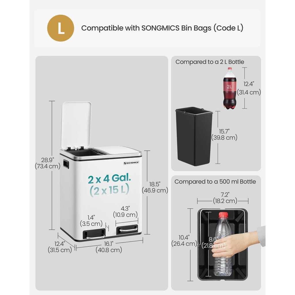 Garbage Can, 2 x 4 Gallon (2 x 15 L) Trash Can, Recycle Bin with Soft-Close Lids, Pedals, and Inner Buckets for Kitchen, Stainless Steel, Silver