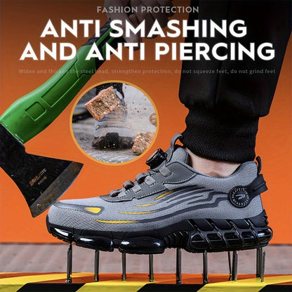 Rotating Lace Steel Toe Work Shoes Men – Puncture-Proof Breathable Non-Slip Safety Sneakers with Rotating Button, Lightweight Fashion Work Boots for Construction Site, Warehouse & Outdoor, US 7.5–12.5