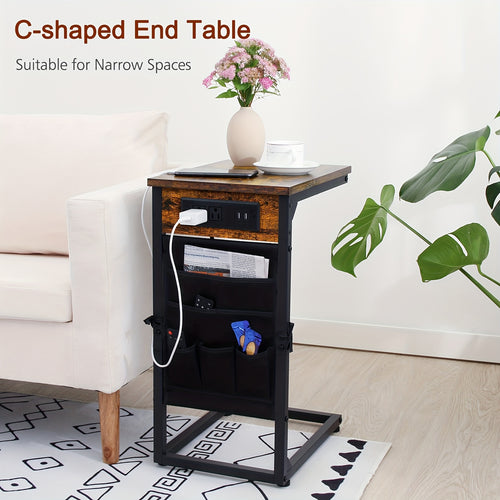 C-Shaped End Table Sofa Side Table with Metal Frame – Small Snack Table for Living Room Bedroom Bedside, Optional Charging Station, Set of 1 or 2